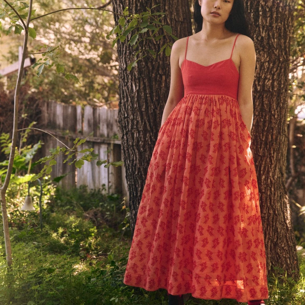 The Great Camelia Orange Red Floral Eyelet sundress Midi Dress‎ size 3 Large